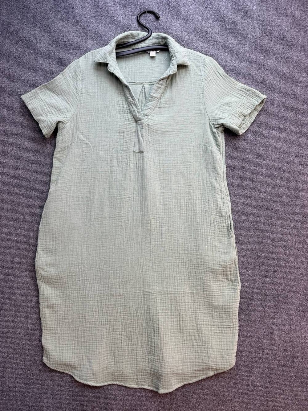 Three Dots Women's S Sage Green Cotton Gauze Collared Short Sleeve Shirt Dress